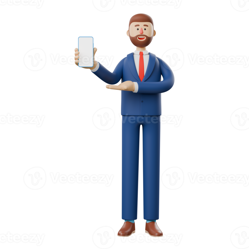 3D character of a businessman is inviting viewers to advertise with a smartphone. png