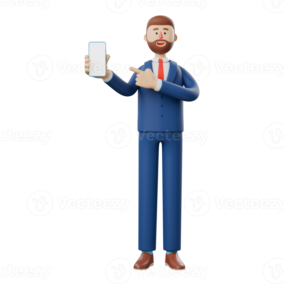 3D character of a businessman promoting an advertisement by pointing at a smartphone. png