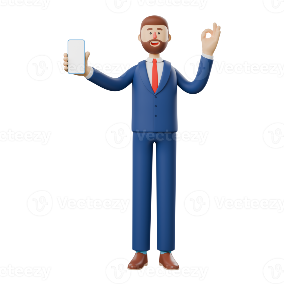 3D character of a businessman promoting an advertisement with a smartphone. png