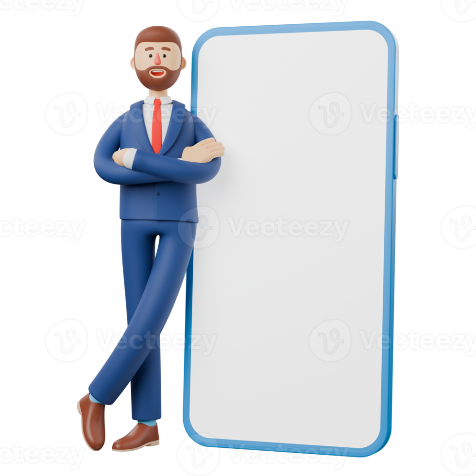 3D character of a businessman promoting a large smartphone advertisement aimed at attracting buyers. png