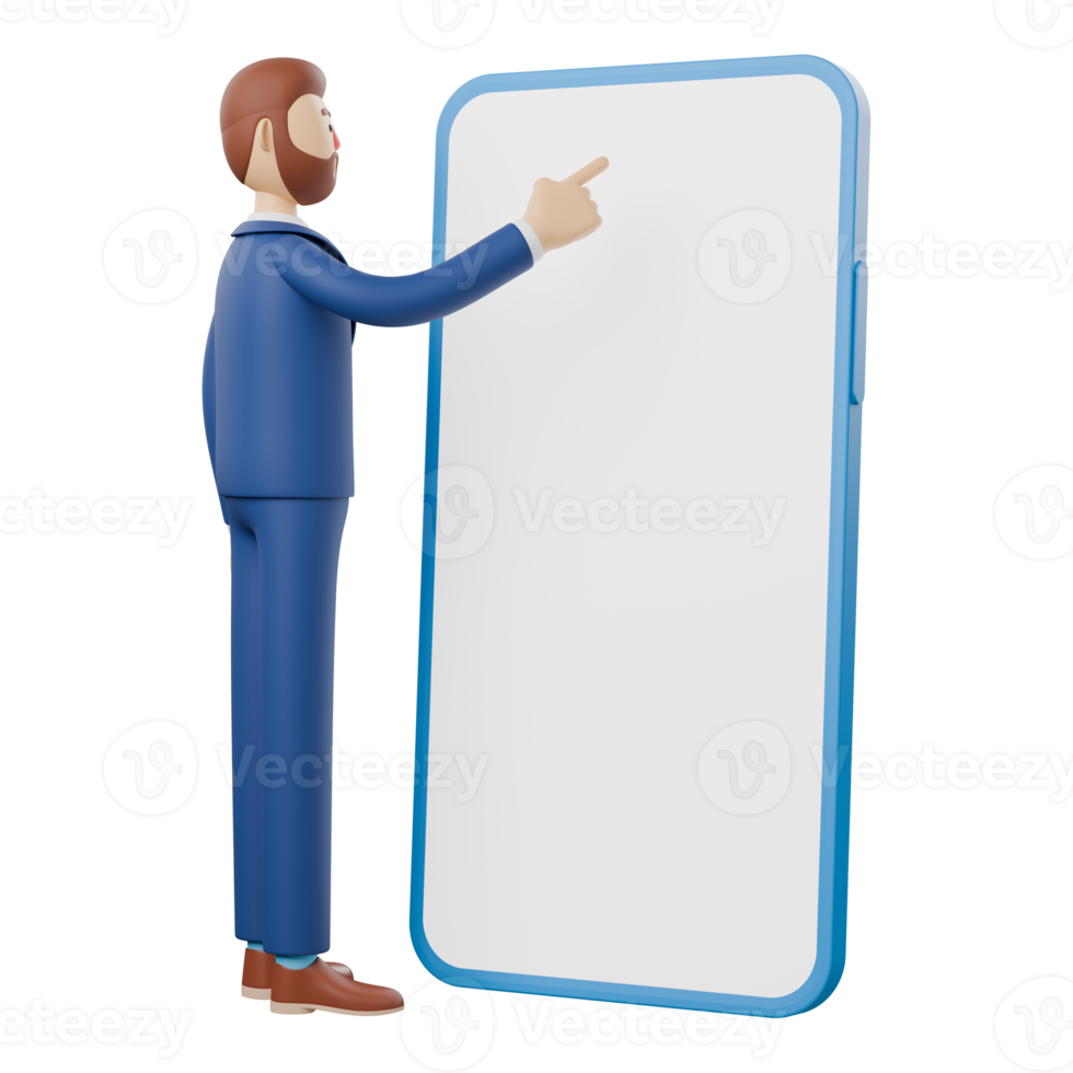 3D character of a businessman is pointing towards the blank screen of an advertisement on a large smartphone. png