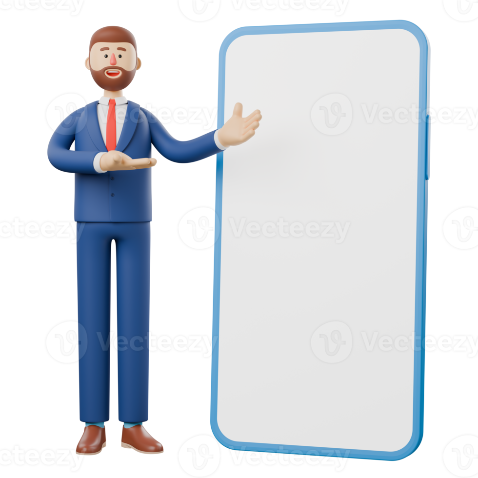 3D character of a businessman inviting viewers to advertise with a large smartphone. png