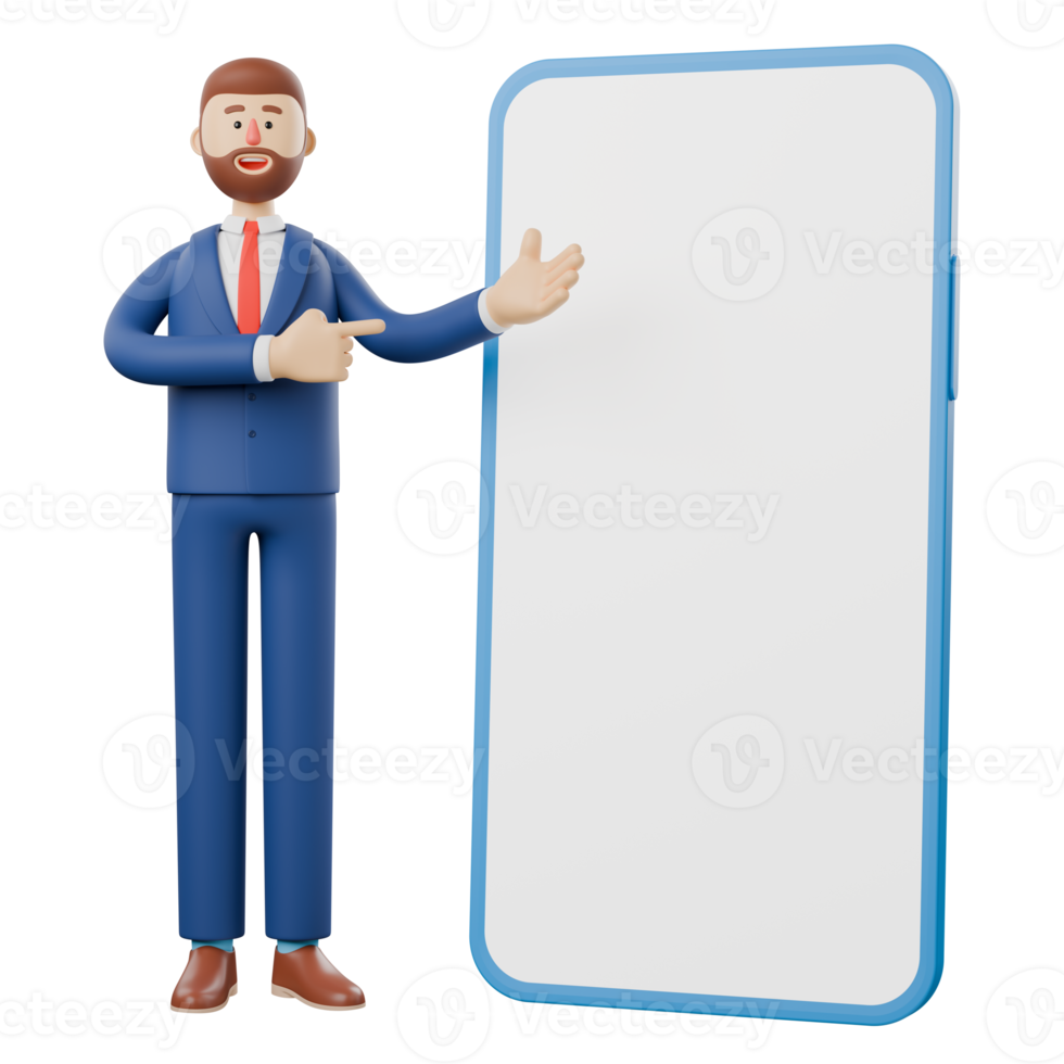 3D character of a businessman advertising pointing towards a large smartphone screen. png