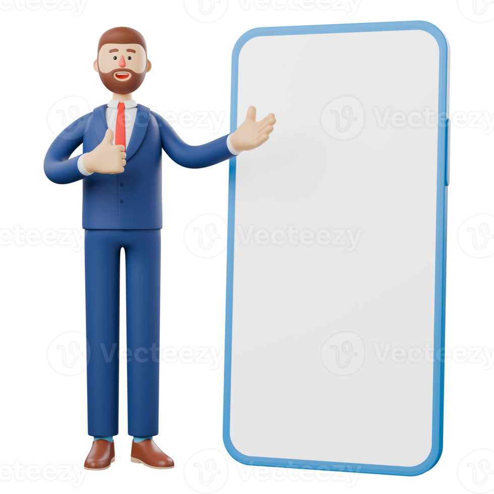 3D character of a businessman promoting a big smartphone advertisement with okay. png
