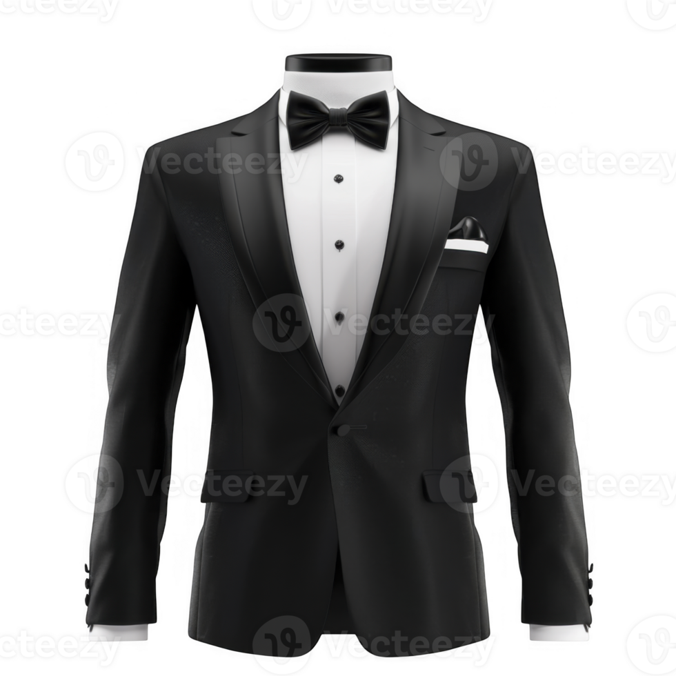 A black tuxedo with a bow tie and pocket square png