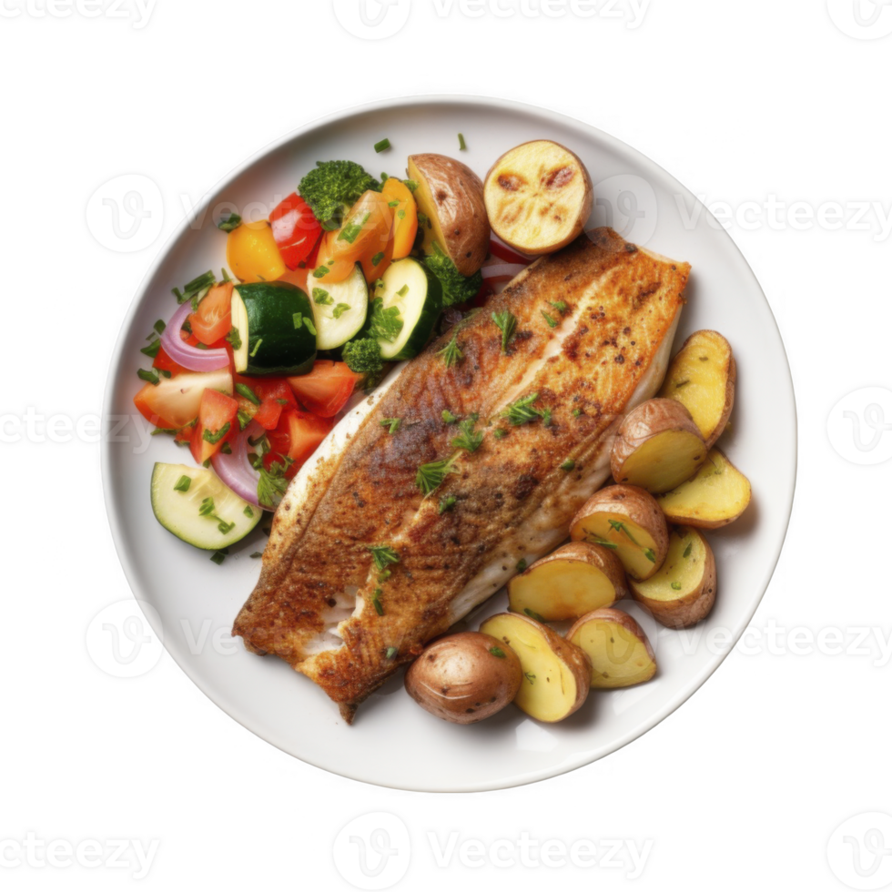 Top view of fried fish with vegetables on transparent background png