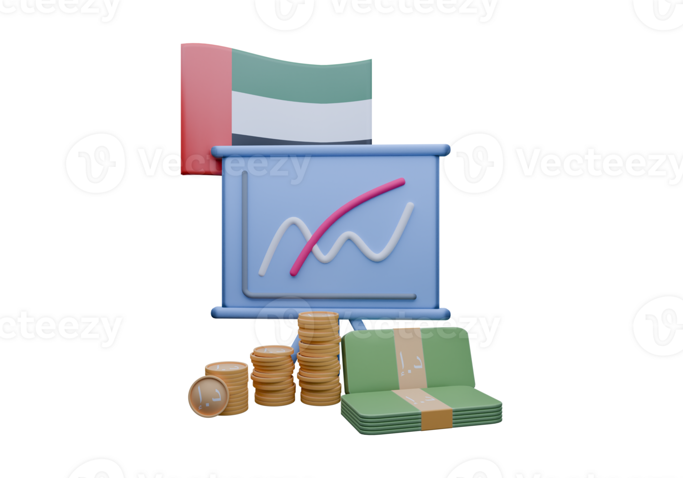 3D render illustration of United Arab Emirates flag and currency called Dirham png