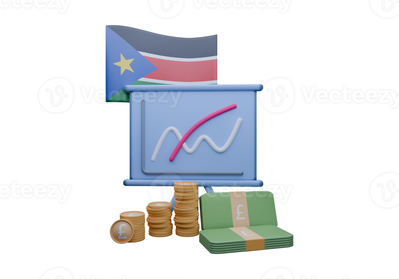 3D render illustration of South Sudan flag and currency called SS Pound png