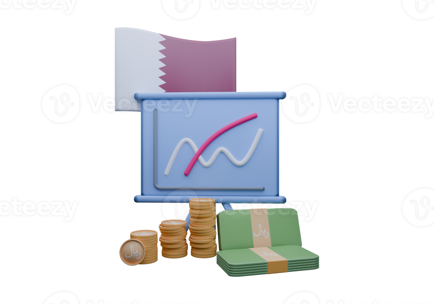 3D render illustration of Qatar flag and currency called Rial png
