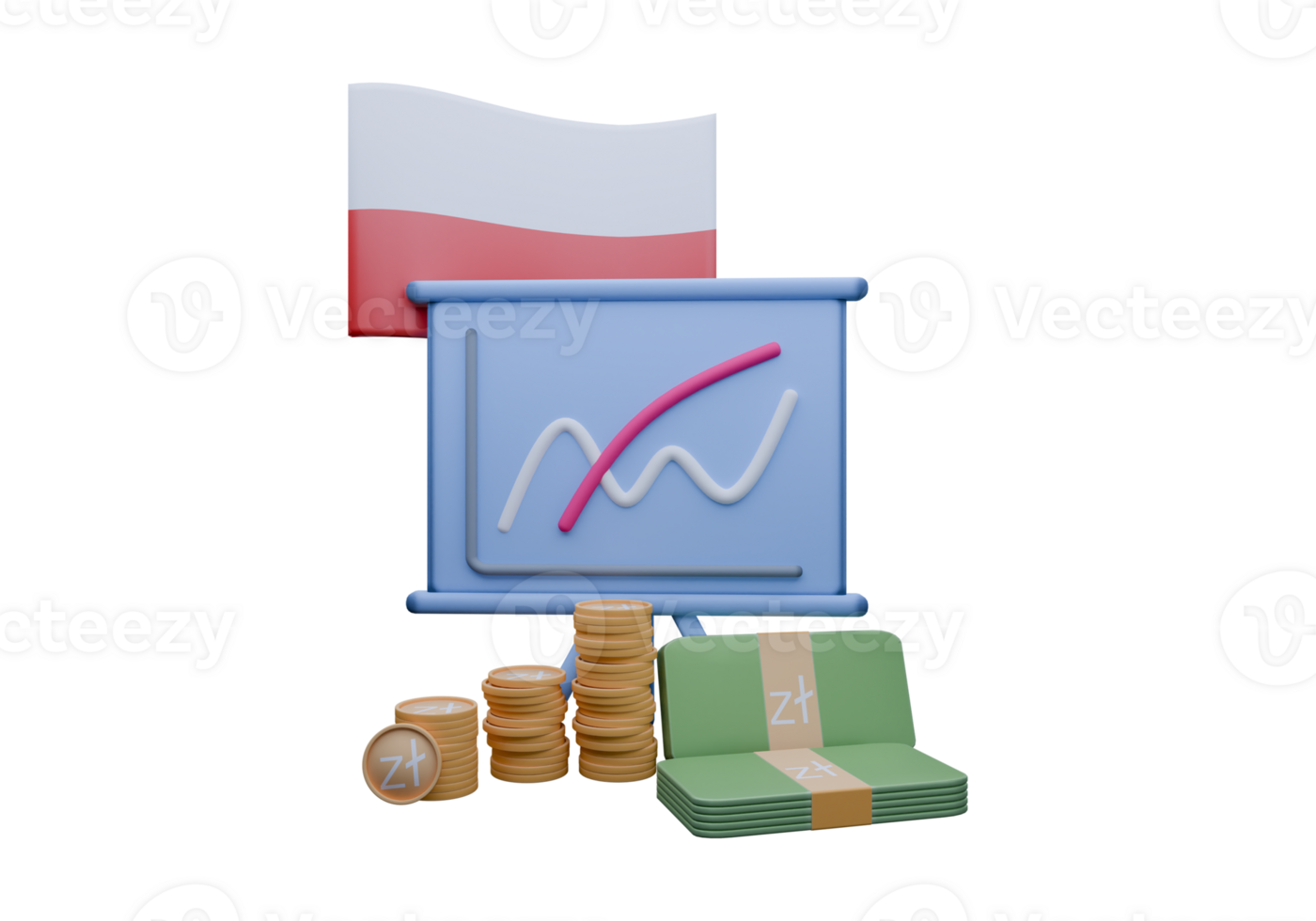 3D render illustration of Poland flag and currency called Zloty png