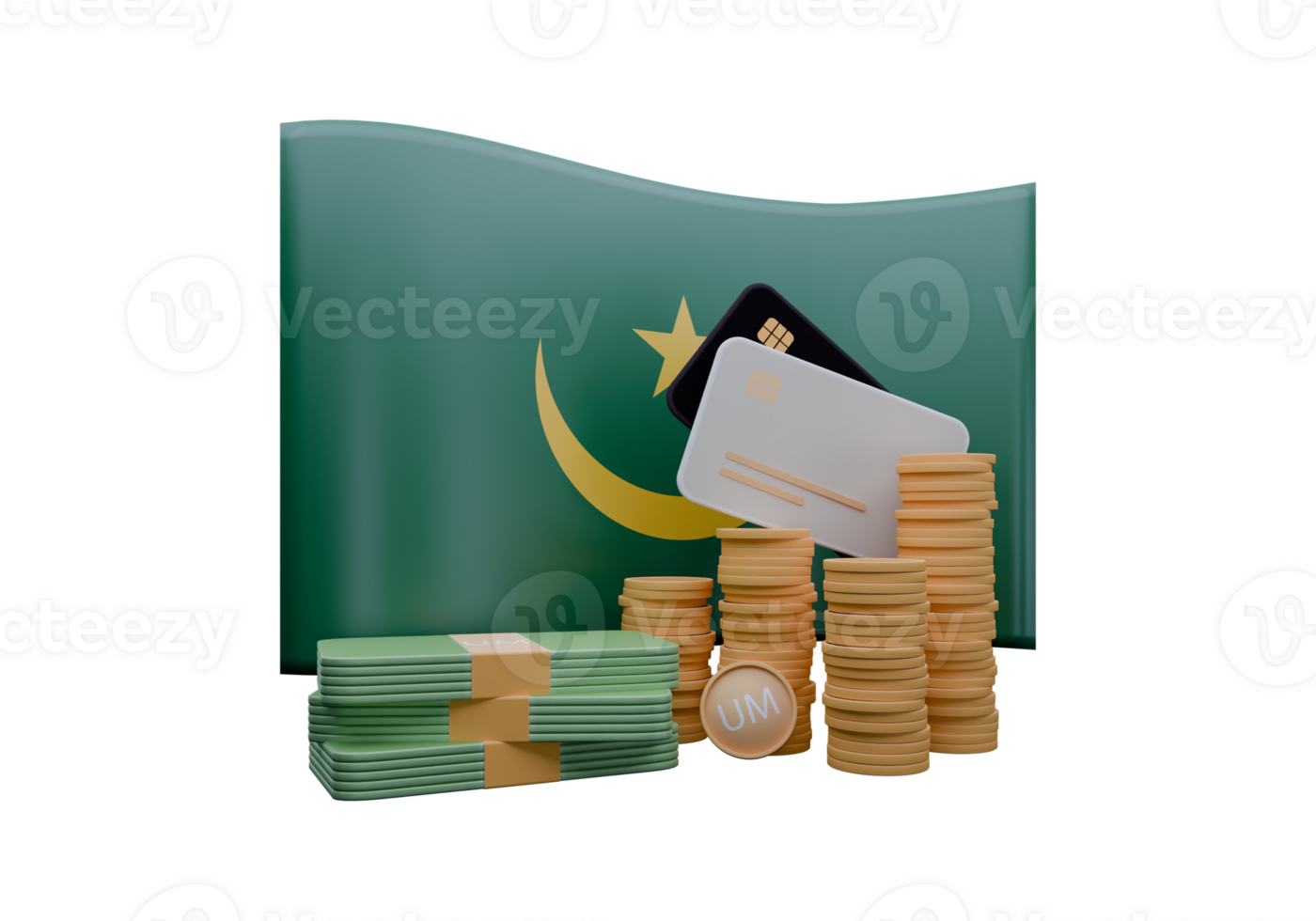 Immaculate 3D render illustration of Mauritania flag and currency called Ouguiya png