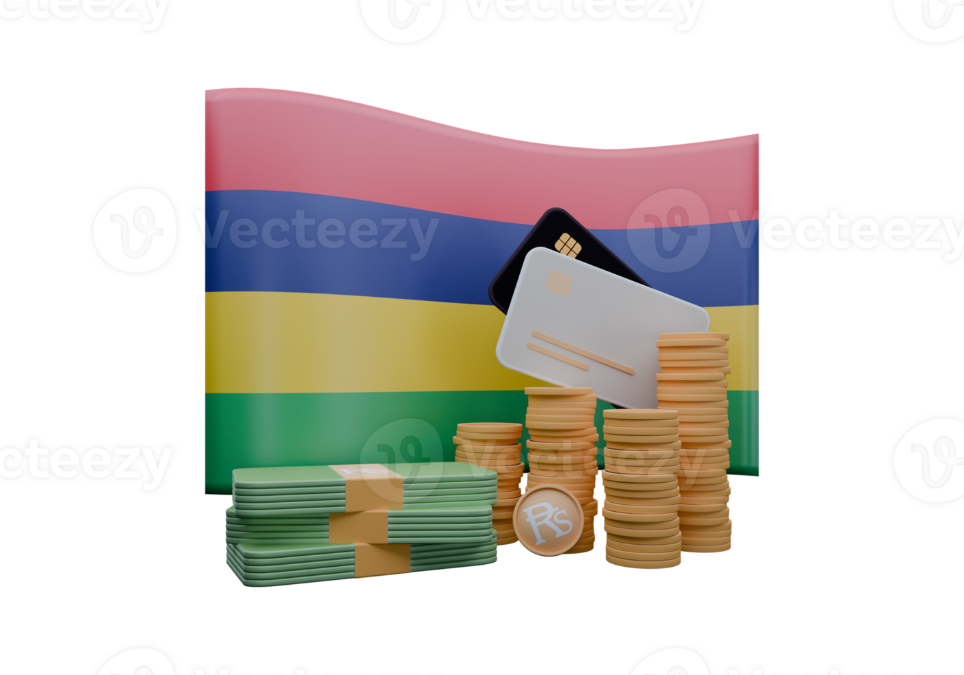 Flawless 3D render illustration of Mauritius flag and currency called Rupee png