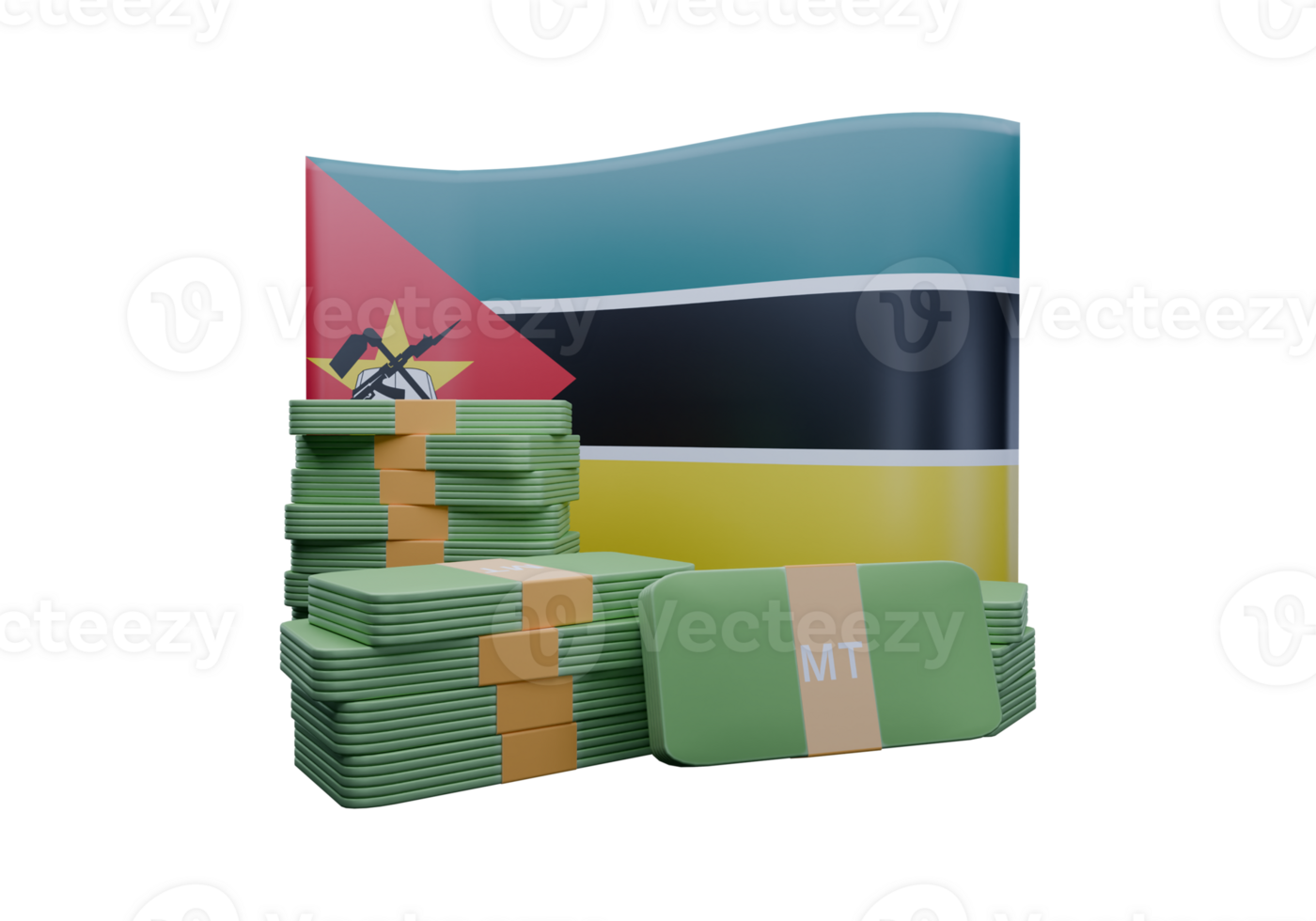 Artistic 3D render illustration of Mozambique flag and currency called Metical png