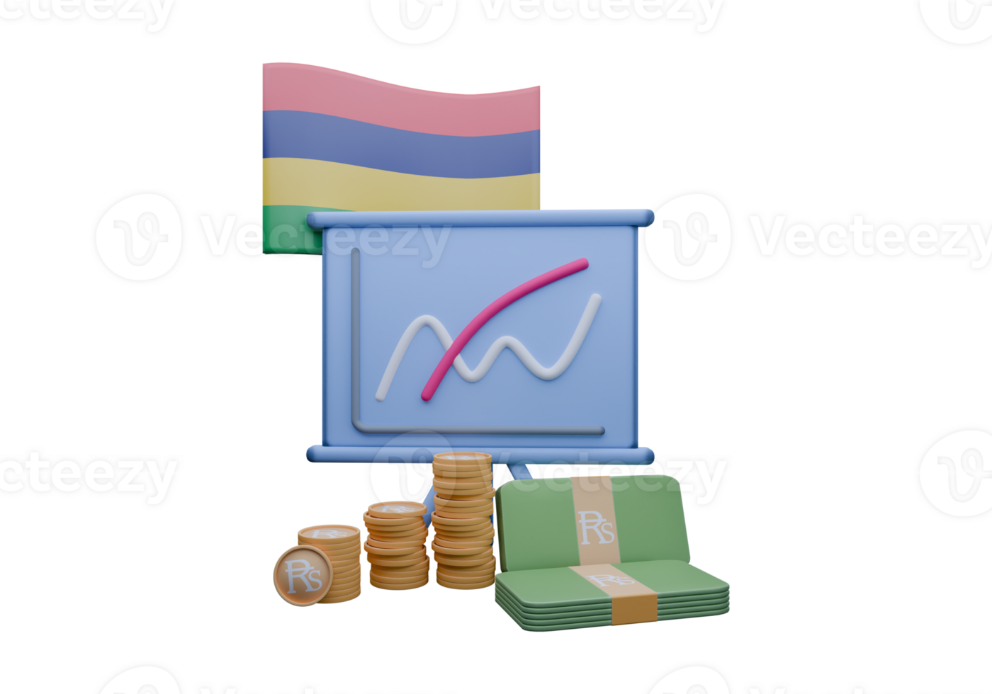Marvelous 3D render illustration of Mauritius flag and currency called Rupee png