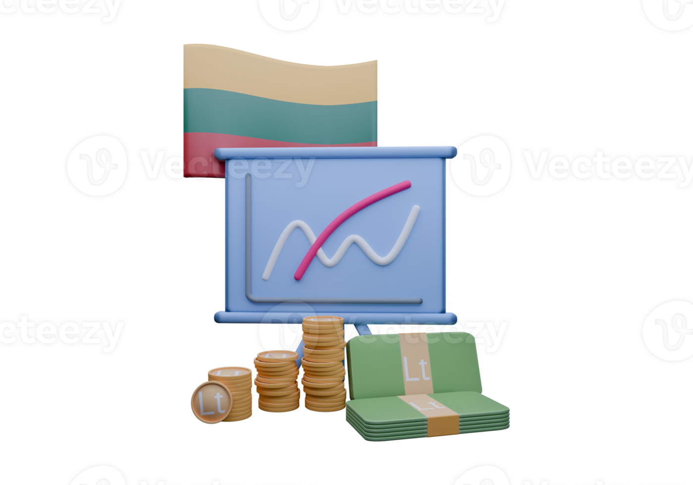 Resplendent 3D render illustration of Lithuania flag and currency called Euro png