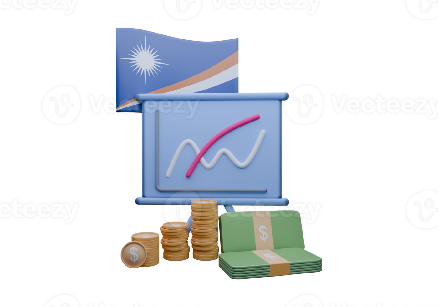 Picturesque 3D render illustration of Marshall Islands flag and currency called Dollar png