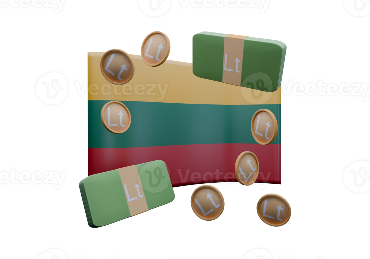 Rich 3D render illustration of Lithuania flag and currency called Euro png