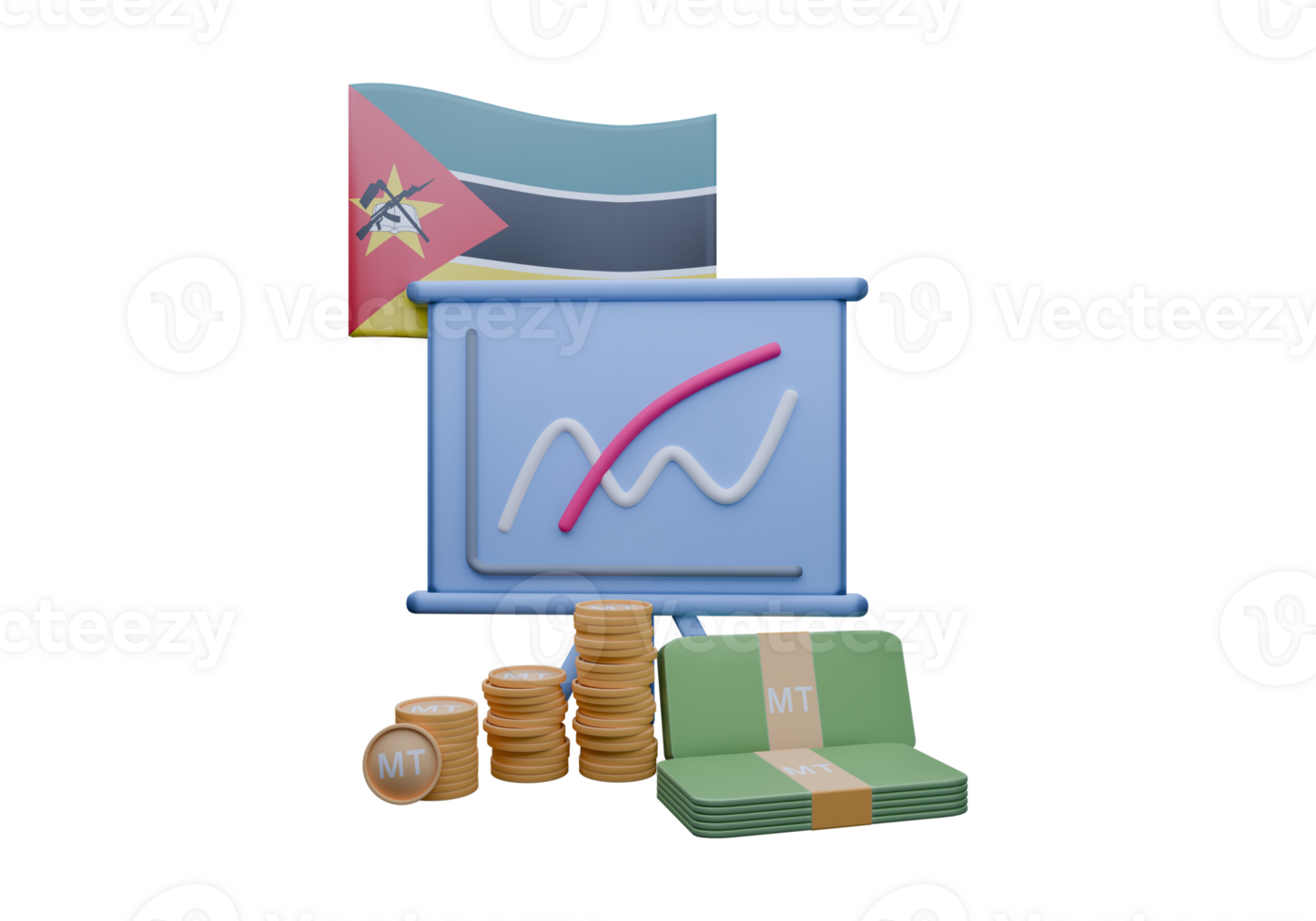 Fascinating 3D render illustration of Mozambique flag and currency called Metical png