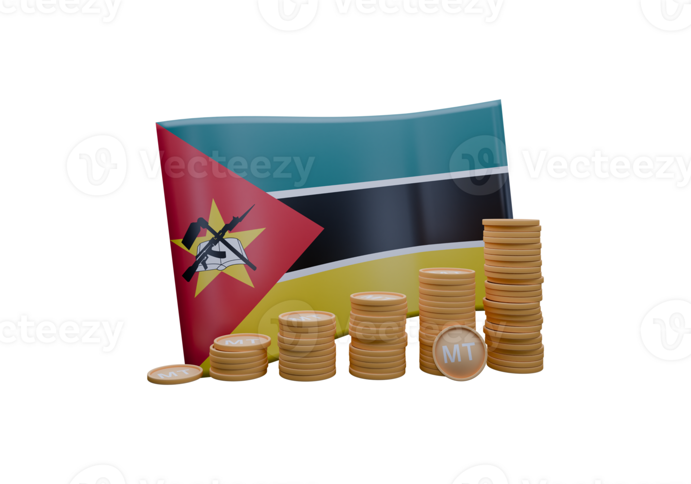 Delightful 3D render illustration of Mozambique flag and currency called Metical png