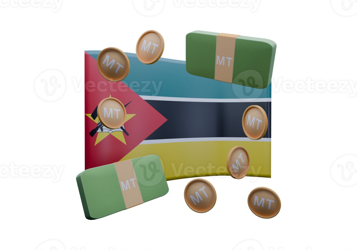 Splendid 3D render illustration of Mozambique flag and currency called Metical png