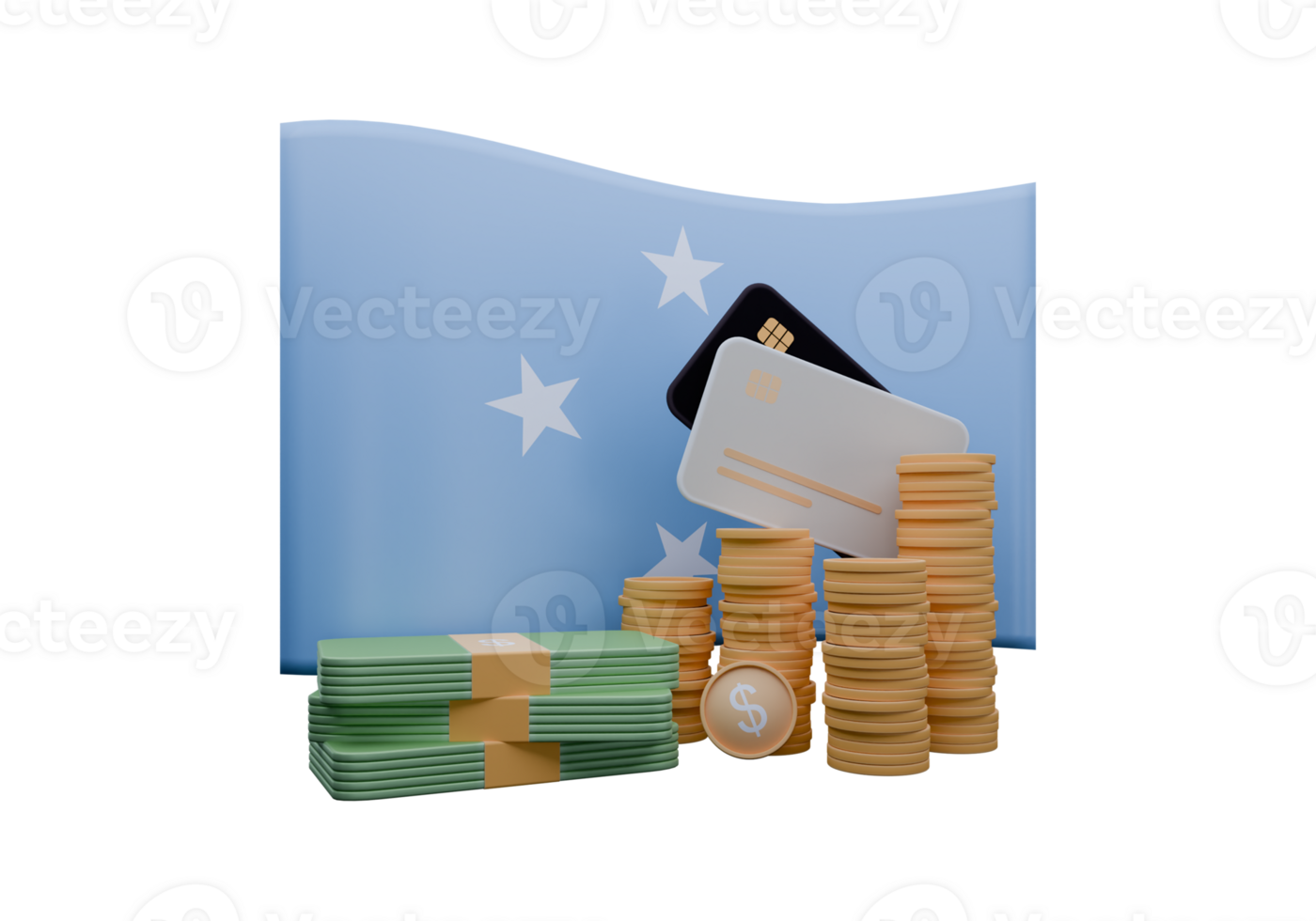 3D render illustration of Micronesia flag and currency called Dollar png