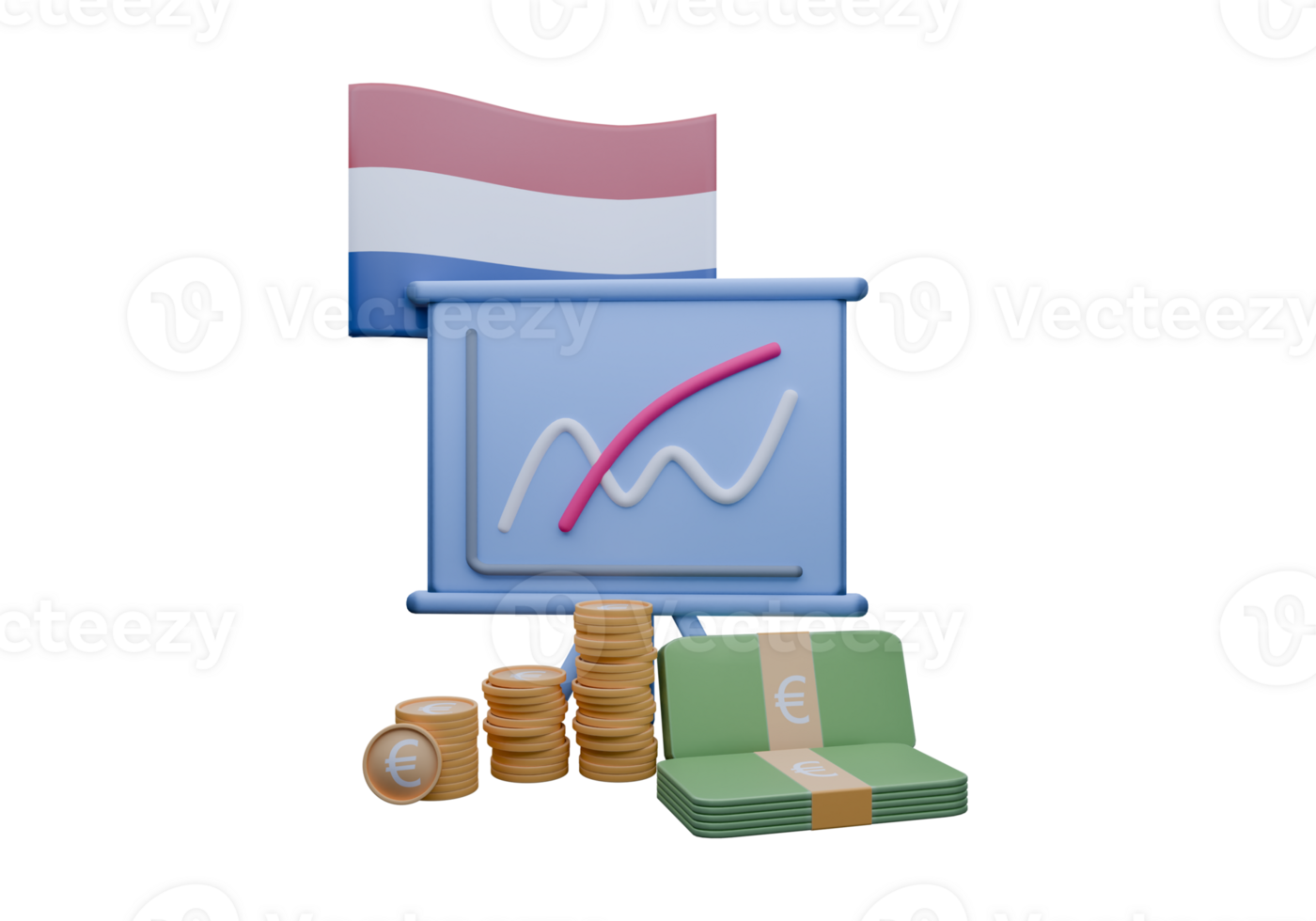 3D render illustration of Netherlands flag and currency called Euro png