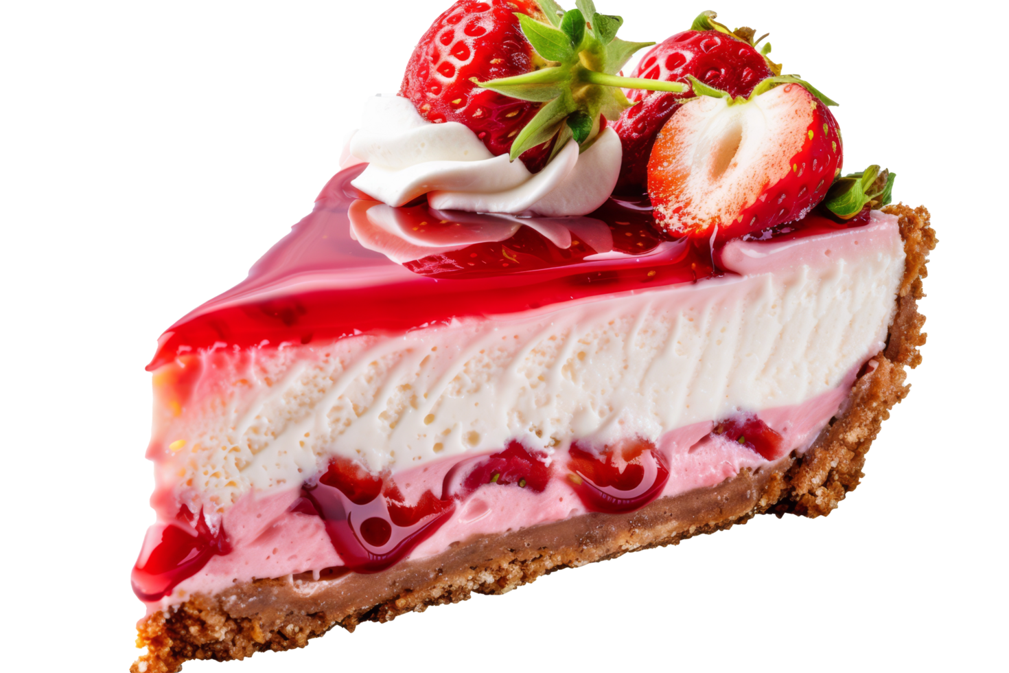 A delicious slice of strawberry cheesecake with fresh strawberries, whipped cream, and fruit glaze on a graham cracker crust, perfect for dessert lovers png