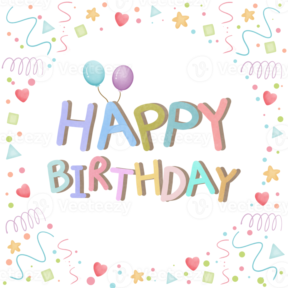 Happy birthday text colorful with confetti and balloon clipart png