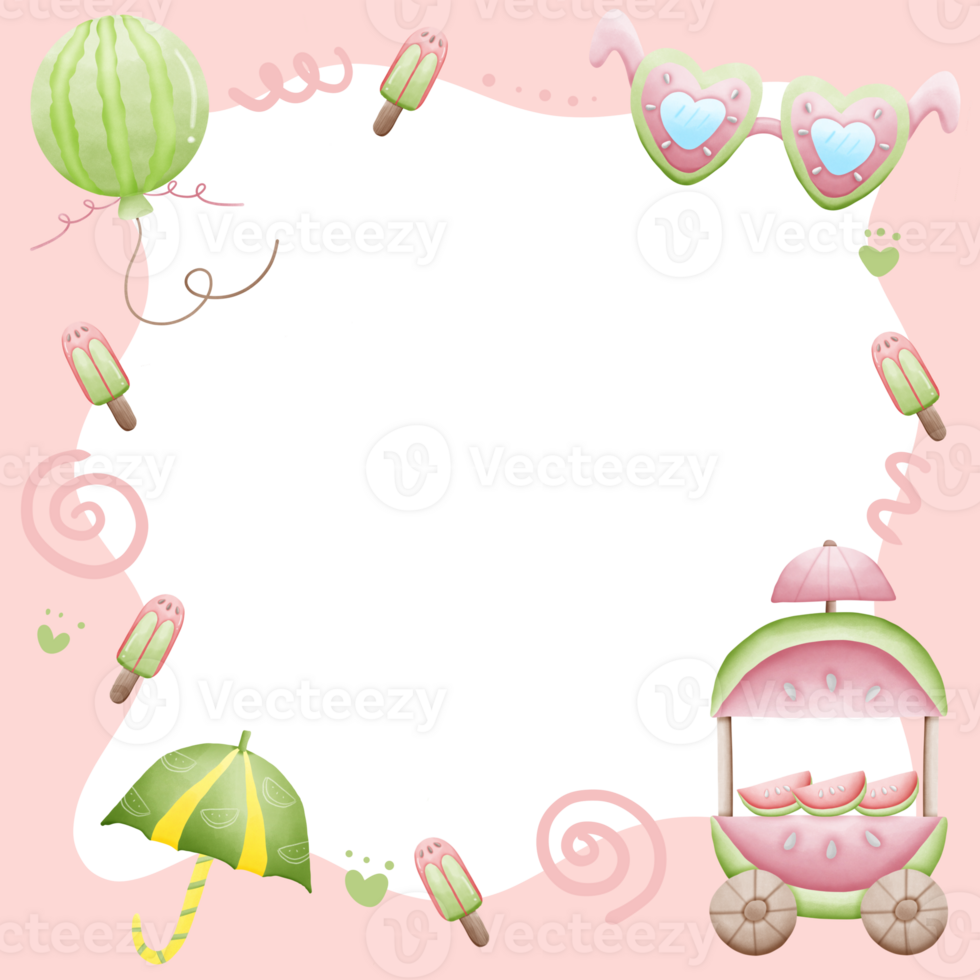 a pink frame with a watermelon, umbrella and balloons png