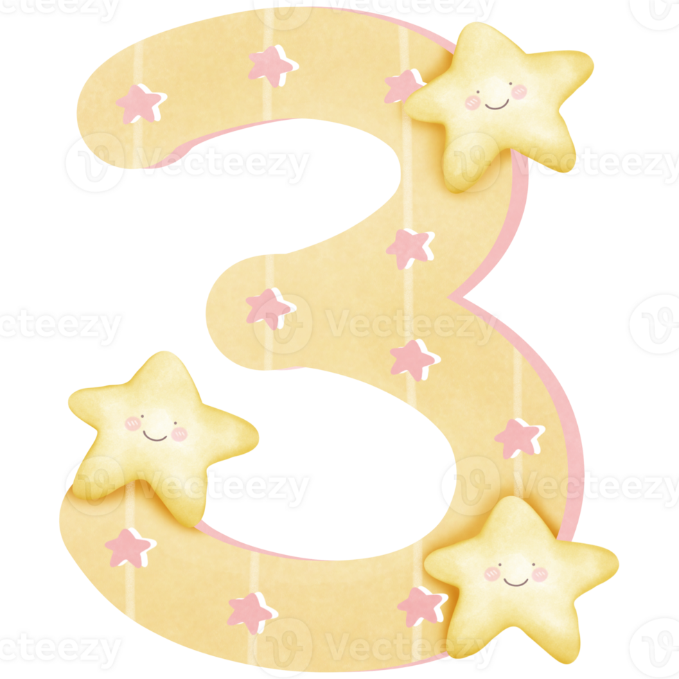 a number three 3 with stars and a smile isolated on transparent background png