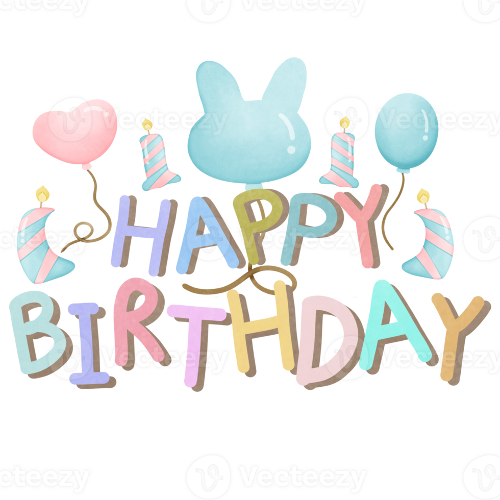 Happy birthday text colorful with candle and balloon clipart png