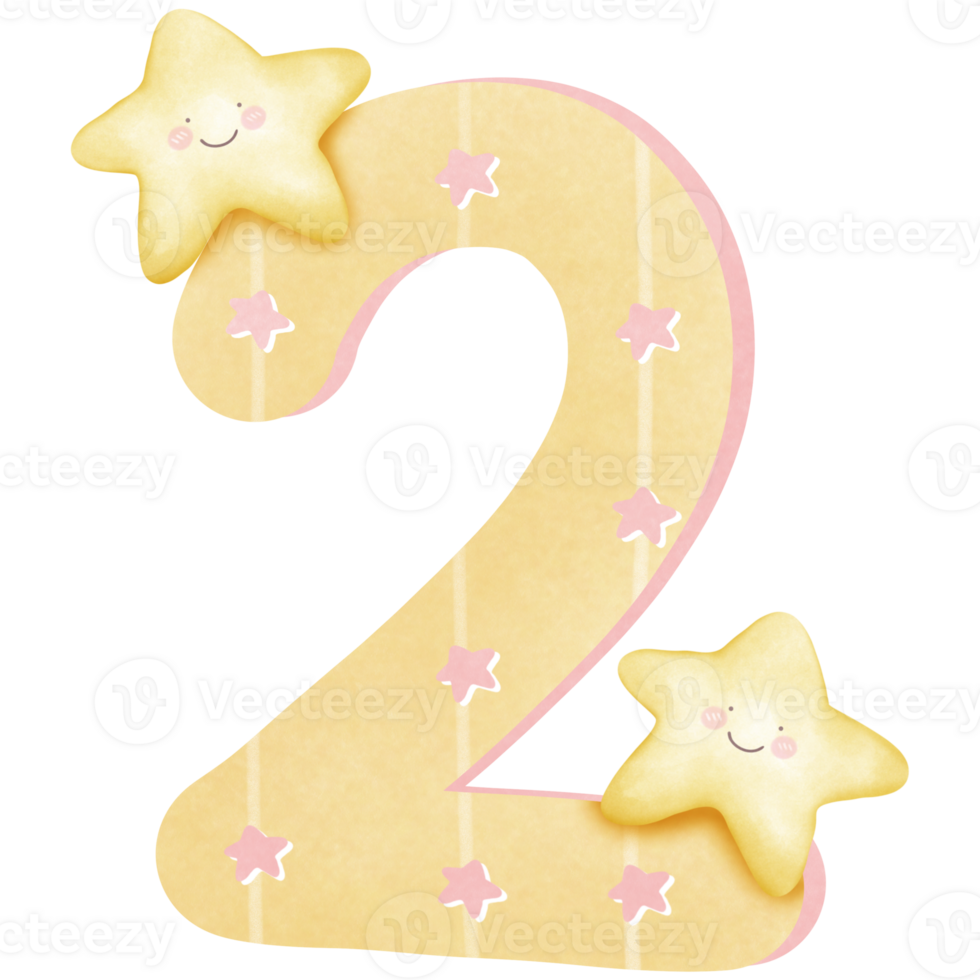 a number two 2 with stars and a smile isolated on transparent background png