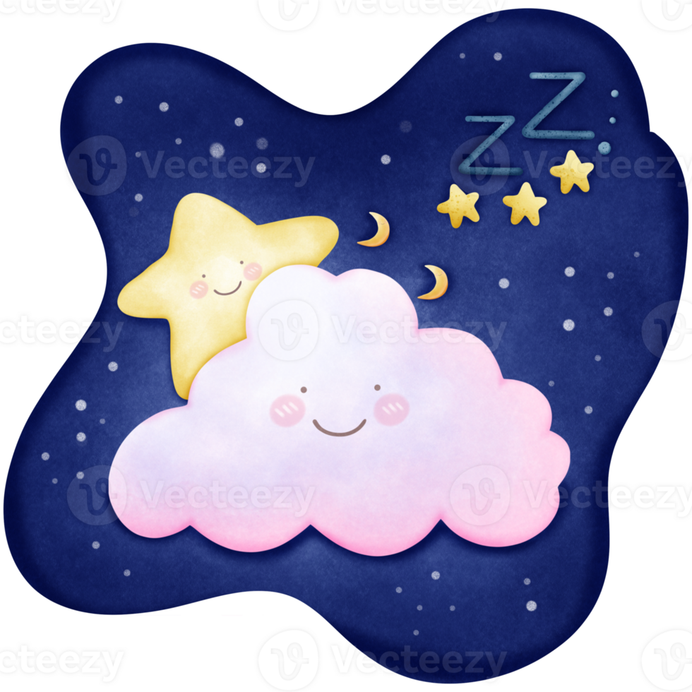 cartoon cloud and star sleeping in the night sky png