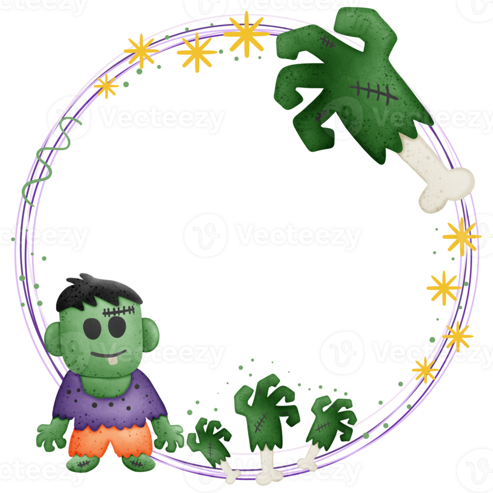 Halloween border circle frame with zombie and hand isolated on transparent background png
