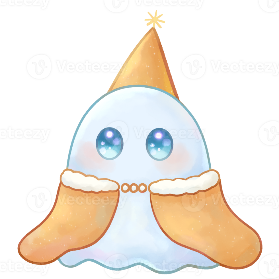 Happy Halloween cute little ghost with autumn outfit cartoon style hand drawn illustration png