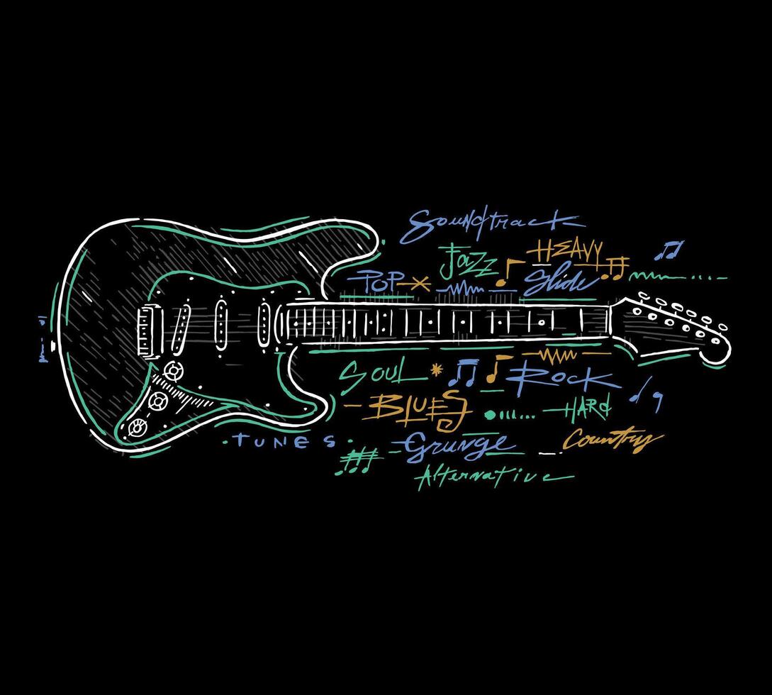 Freehand illustration of a guitar with lettering in various musical styles. Editable art for printing on t-shirts, decoration, etc. vector
