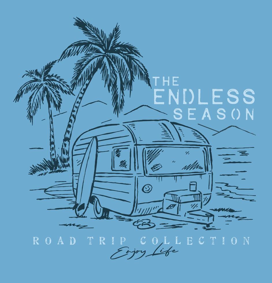 Freehand illustration of a trailer in a coastal landscape. Editable art for printing on t-shirts, decoration, etc. vector