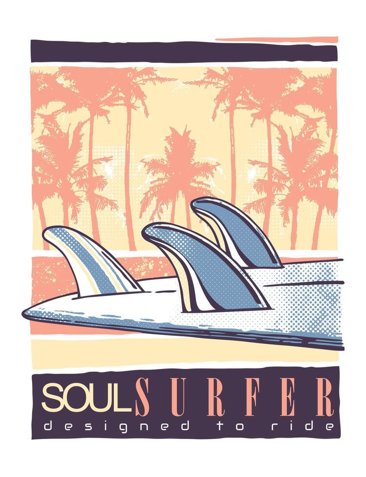 Illustration of surfboard fins in close-up. Art composition with coconut trees in the background. vector