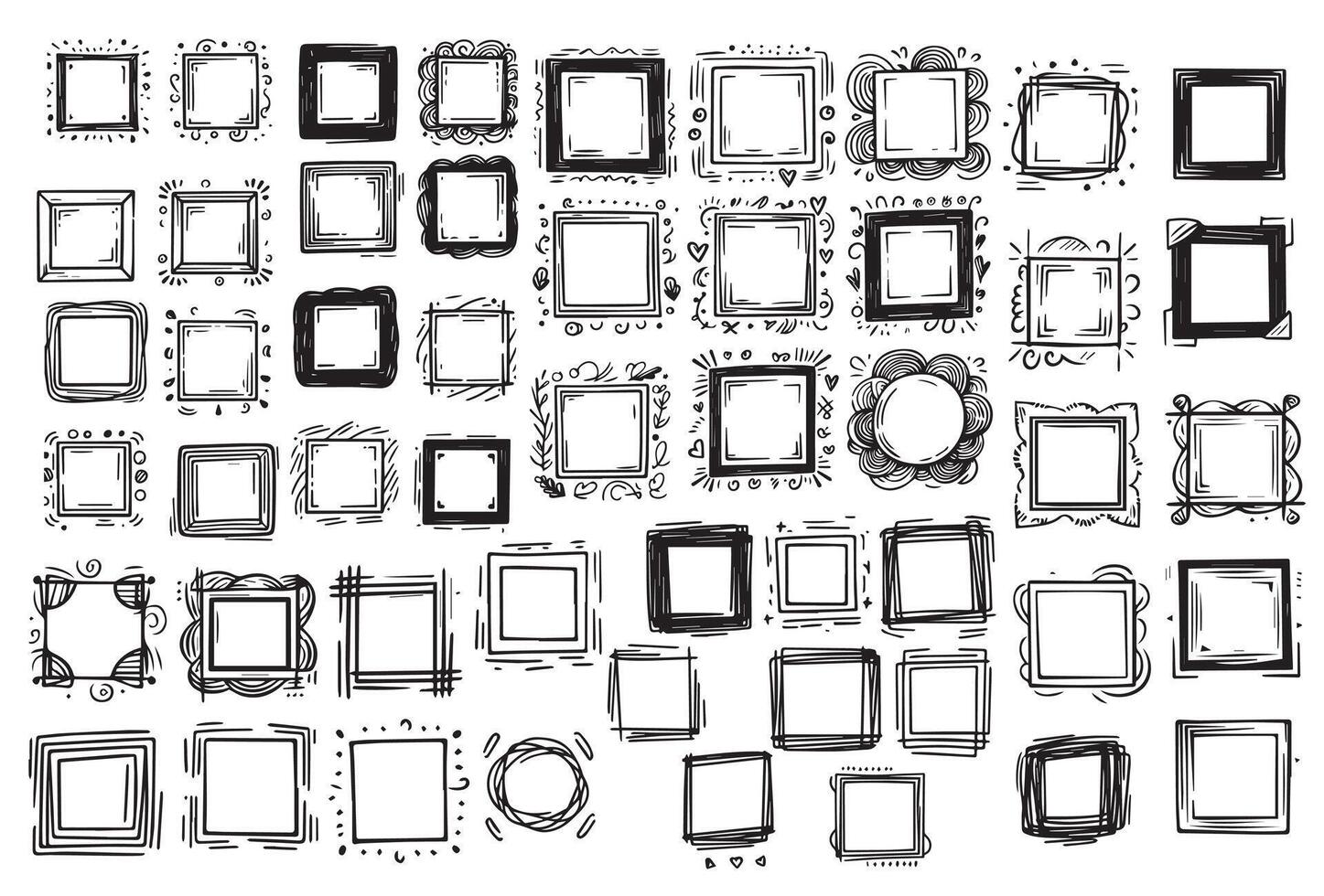 Handdrawn set of square scribbles frame. Doodle line empty frames. illustration vector