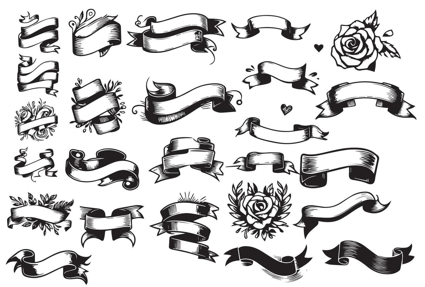 Hand drawn ribbons vintage set. Doodle style black color sketch. Isolated elements. vector