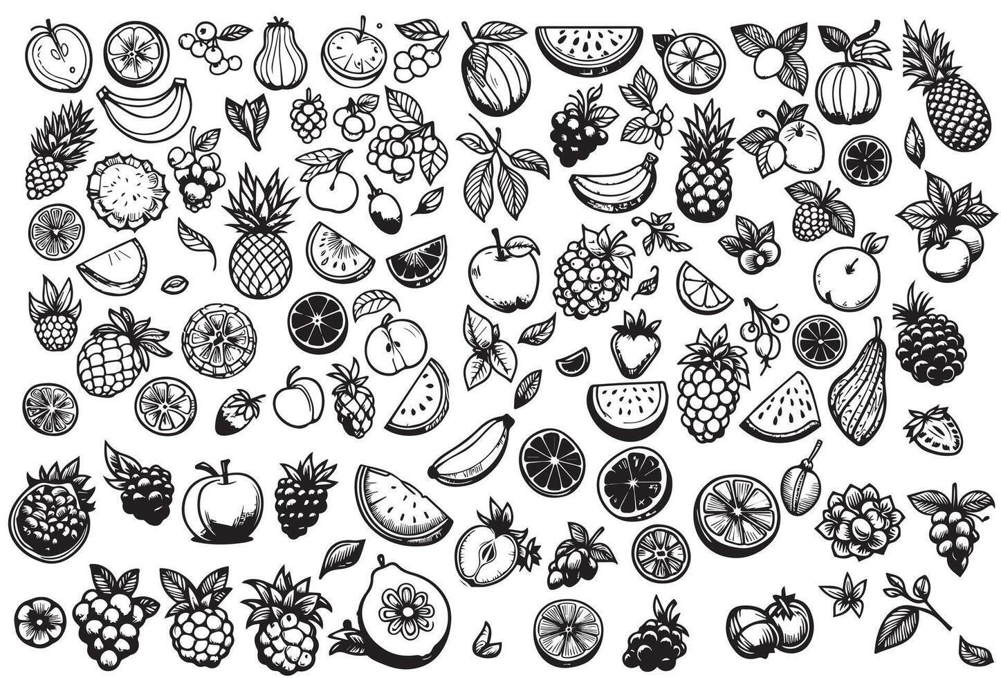 Doodle outline various fruit collection. Cute tropical garden fruits, berries. Abstract Healthy food sketch black and white illustration vector
