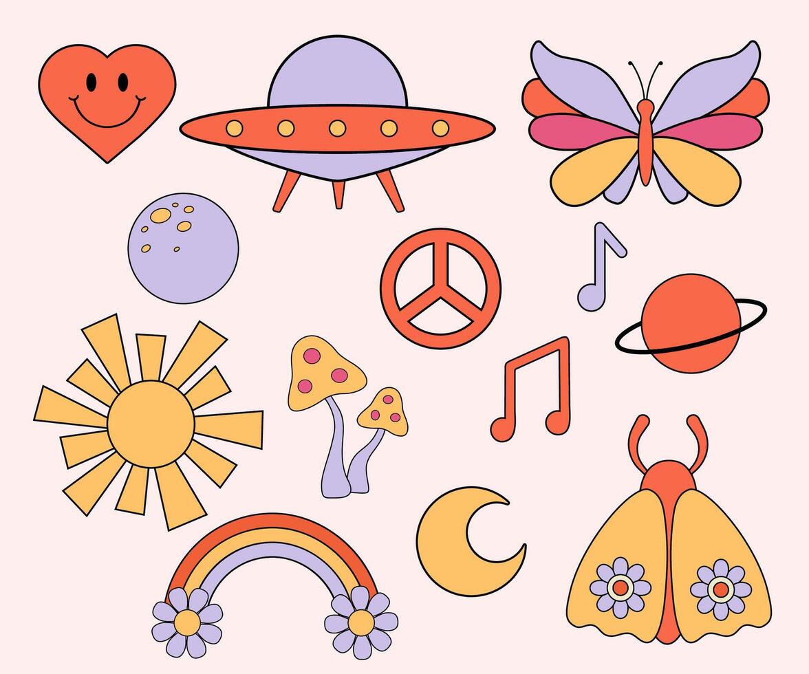 Groovy retro stickers in 1970 style. Set of illustrations from 60s isolated on white background. Moon, sun, rainbow and ufo in flat style vector