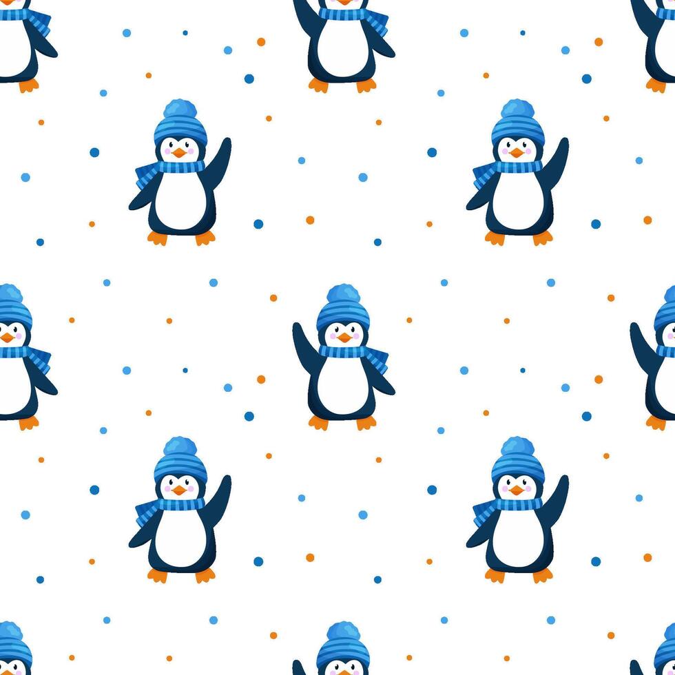 Seamless pattern with cute waving penguin in hat and scarf in winter. Endless pattern for textiles or fabric for newborns. vector