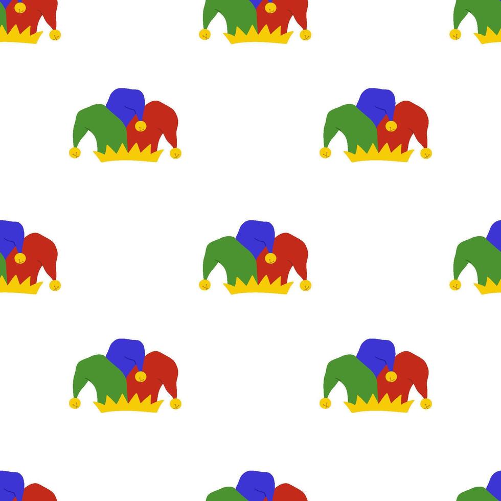 Seamless simple pattern with headdress of medieval jester with bells in flat style. Jester hat on white background vector