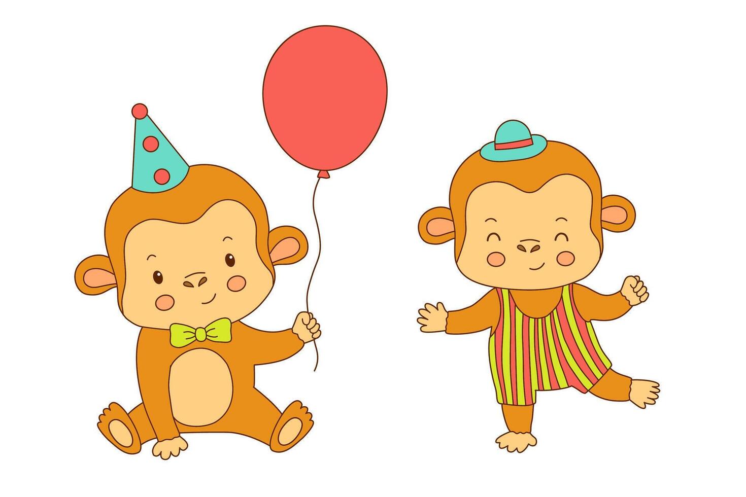 Cute circus monkey with hat and balloon. Funny animal. Hand drawn color illustration vector
