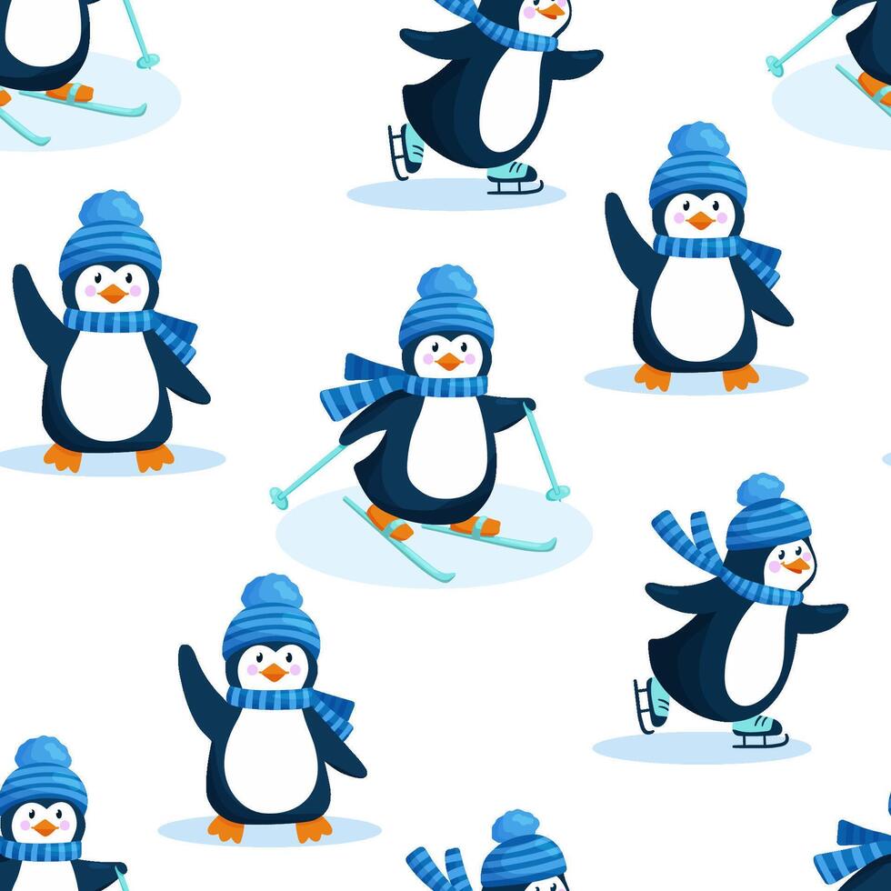 Seamless pattern with cute penguin in hat and scarf in winter. Endless pattern for textiles or fabric for newborns. Penguin on skates and skiing vector