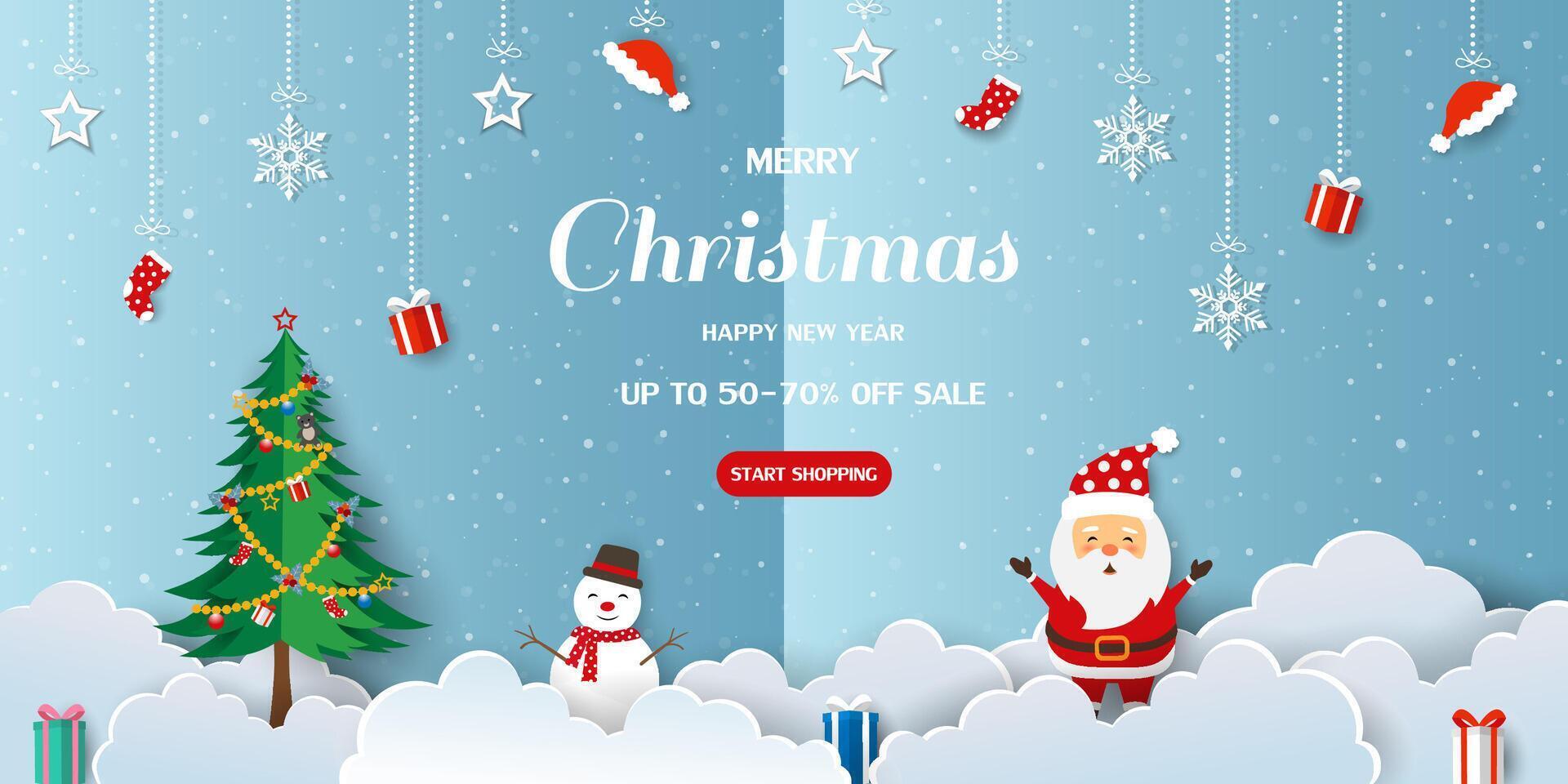 Merry Christmas and Happy new year sale horizontal background on paper art style vector