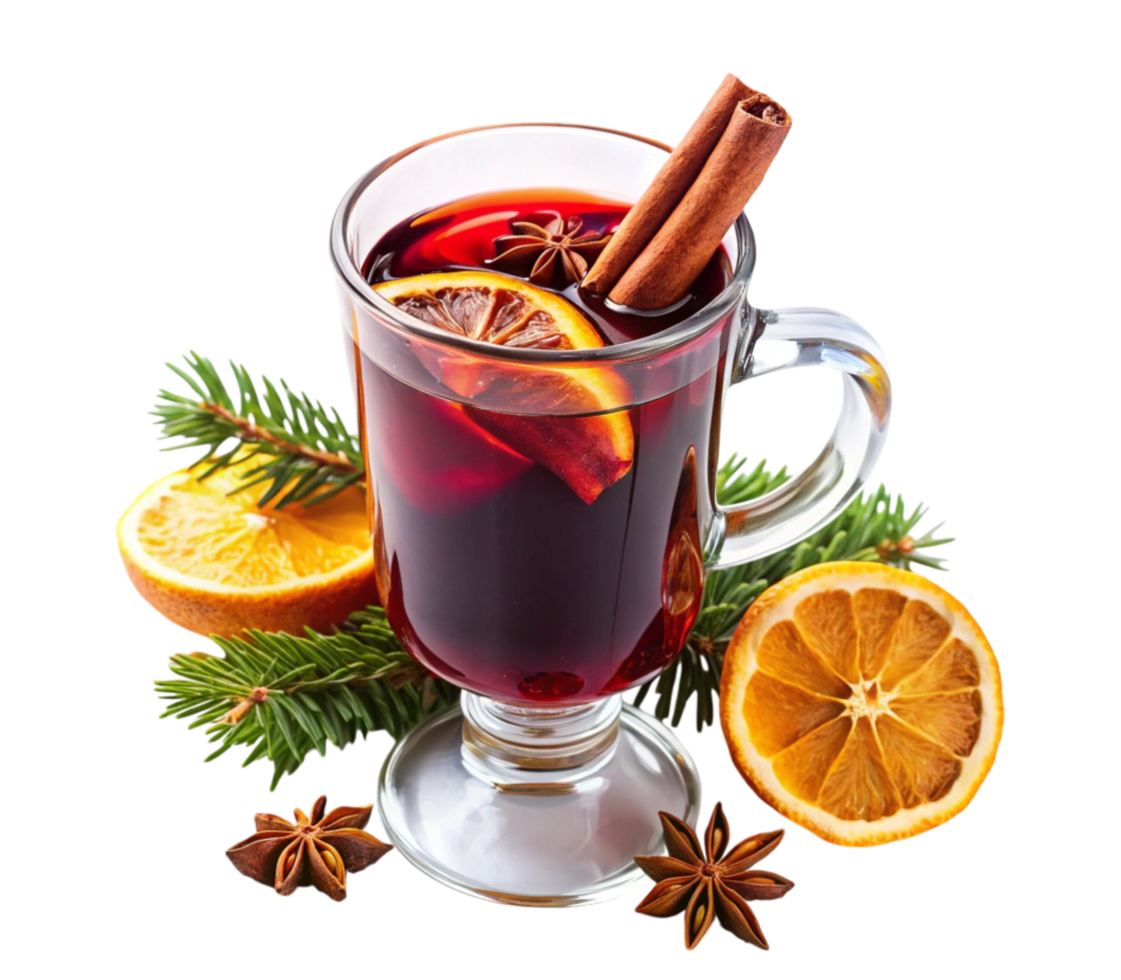 Hot mulled wine with cinnamon sticks, orange slices, and star anise png