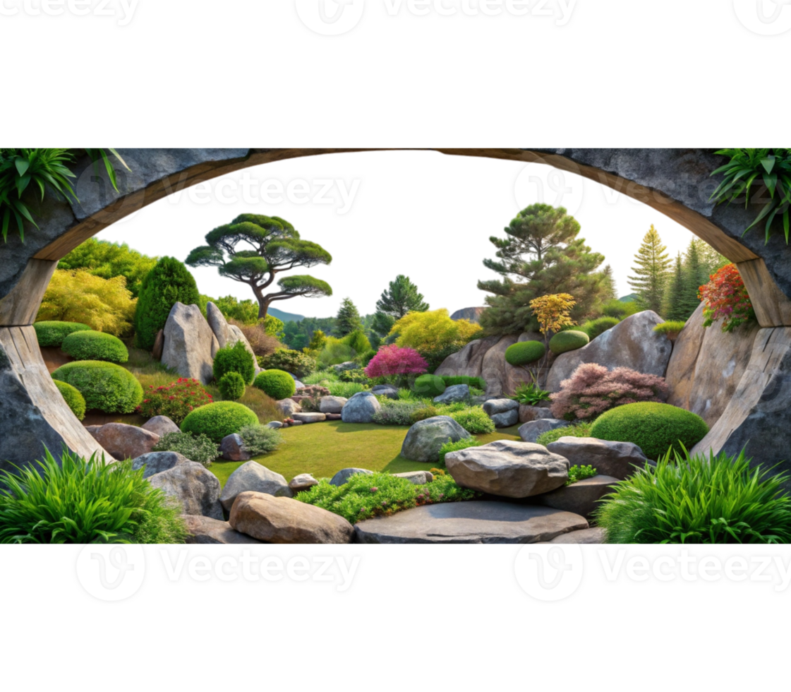 garden with landscape elements with plants and rocks png