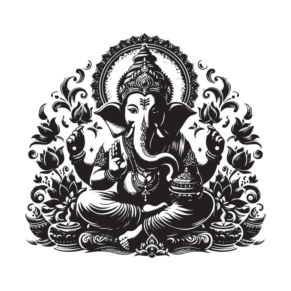 illustration of lord ganesh silhouette in round frame. vector